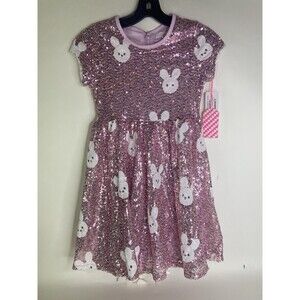 Young Hearts Girls Size 8 Pink Sequin Sparkle White Bunny Dress Spring Easter